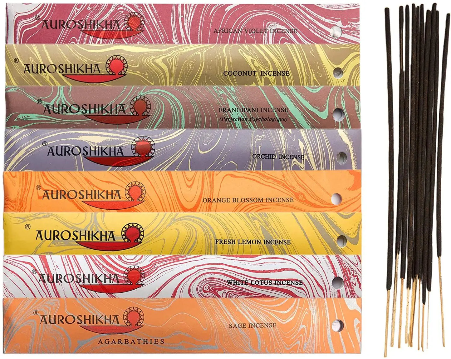 Artschatz incense sticks with colorful marbled packaging featuring floral and citrus scent names. - ~ The Tropics ~ African Violet, Coconut, Frangipani, Orchid, Orange Blossom, Lemon, White Lotus, Neroli