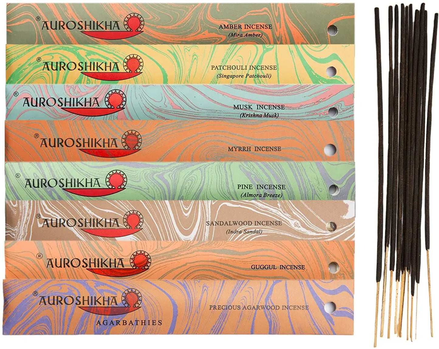 Set of six Artschatz Auroshikha Marbling incense boxes in vibrant pastel shades, displayed with unlit black incense sticks. - ~ Woodstock Memories ~ Amber, Patchouli, Musk, Myrrh, Pine, Sandalwood, Guggul, Agarwood