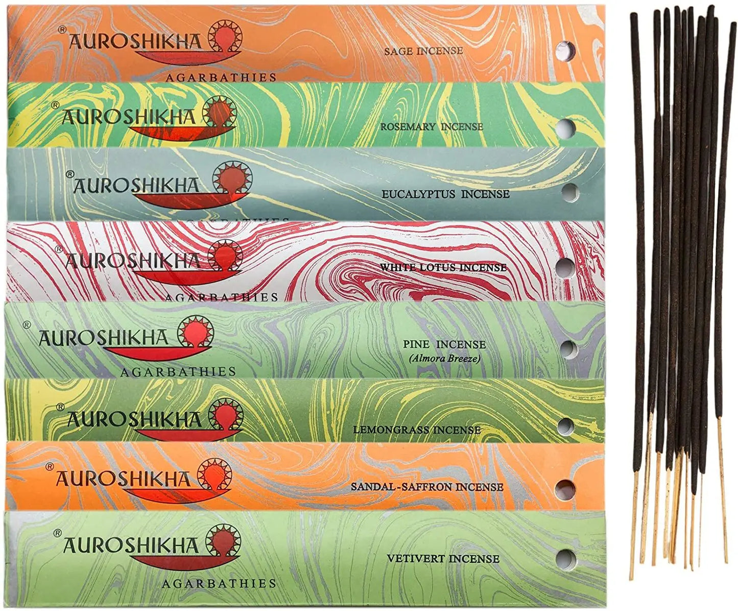 Set of six colorful Artschatz Auroshikha marbled incense packs with sticks, each labeled for different scents including. - ~ Yoga & Meditation ~ Sage, White Lotus, Rosemary, Lemongrass, Vertivert, Sandal-Saffron, Eucalyptus and Pine