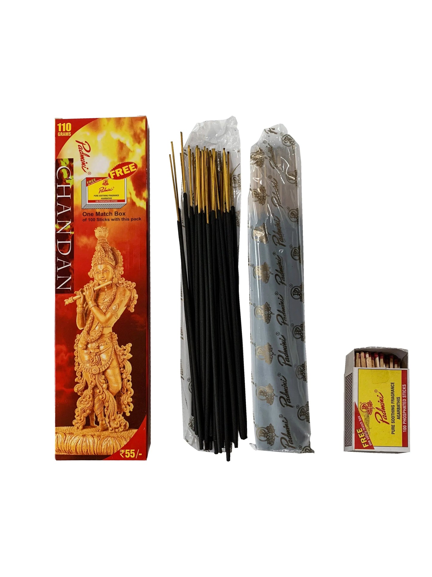 Chandan Padmini incense sticks with Artschatz branding, black sticks, decorative box with golden deity design. - Chandan ~ Padmini Incense Sticks