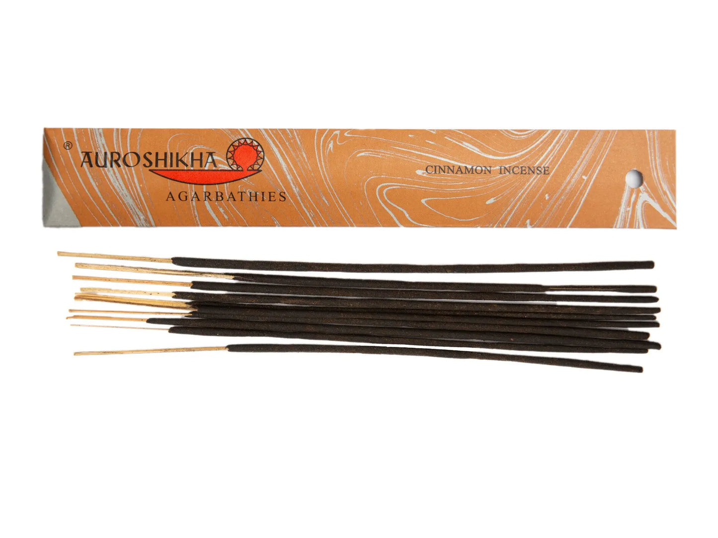 Auroshikha Cinnamon incense sticks with Artschatz marbled orange packaging and silver accents. - Cinnamon