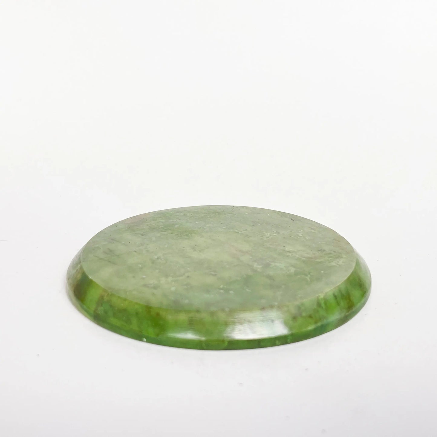 Round moss green Artschatz incense holder with smooth polished surface and shallow dish design. - Flower of Life Incense Holder - Moss Green