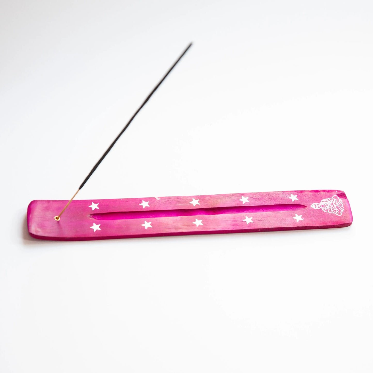 Fuchsia Artschatz incense holder with white stars and Buddha design, holding a lit incense stick. - Fuchsia Buddha with Stars