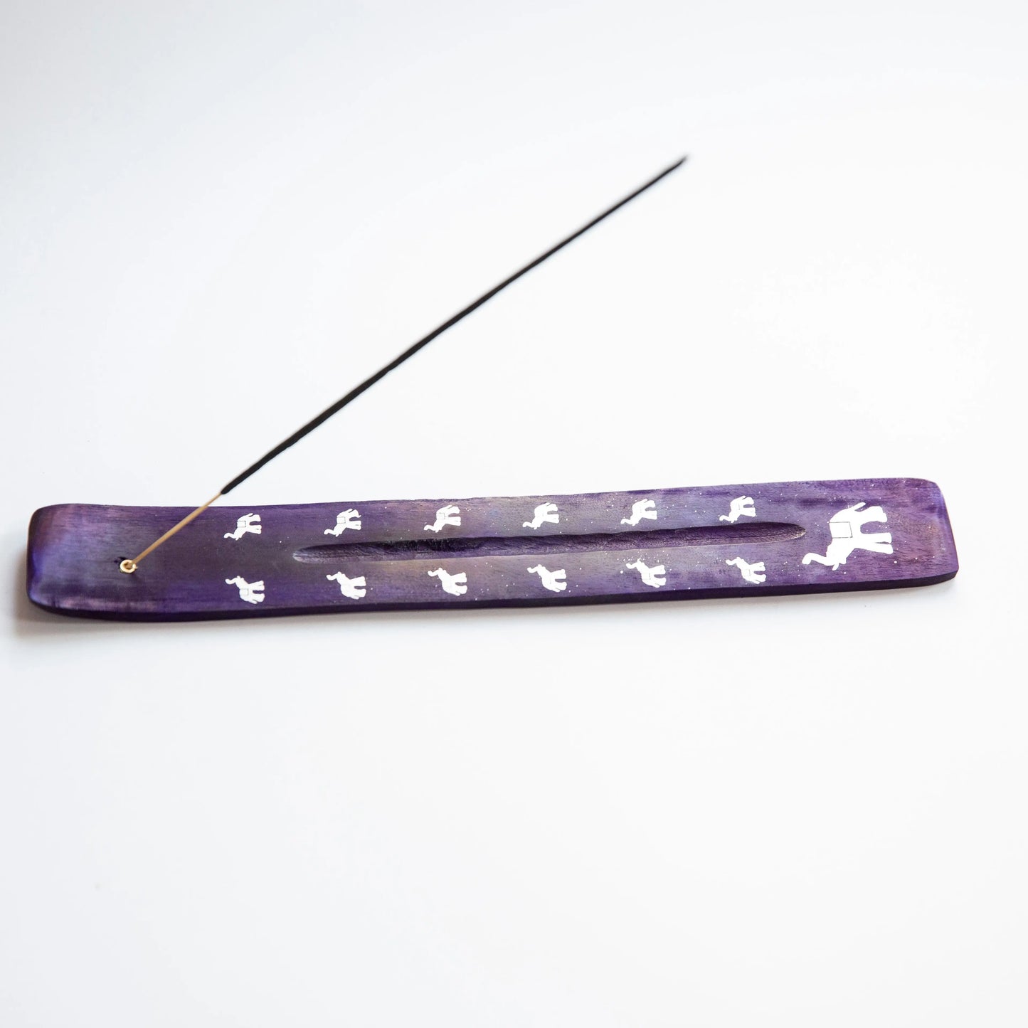 Purple Artschatz incense holder with white elephant patterns and angled stick support. - Purple Elephant