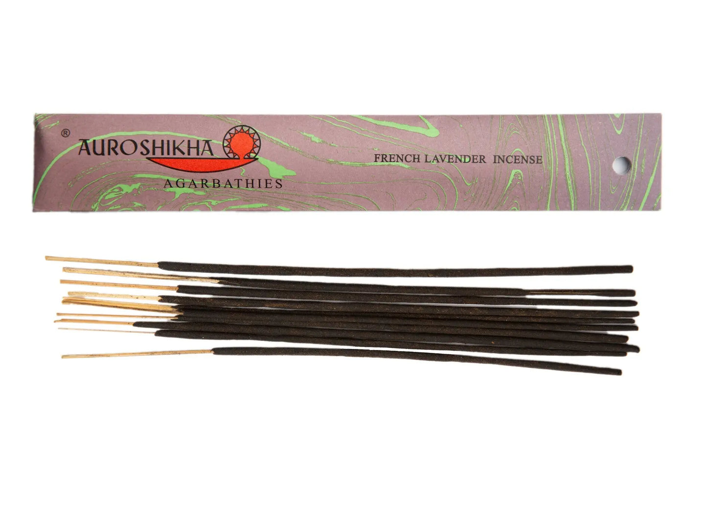 Auroshikha French Lavender incense sticks with Artschatz marbled pastel packaging in purple and green tones. - French Lavender