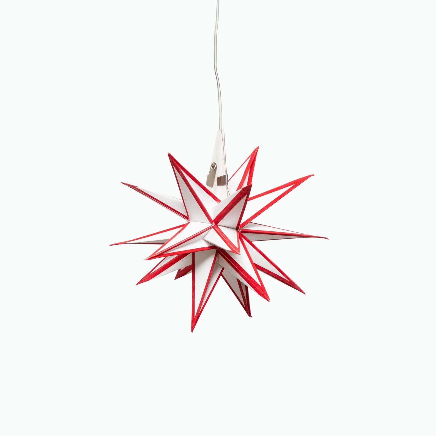 7-inch white paper Moravian star with red edges, hanging lantern by Artschatz. - Moravian Mini Star 7" White/Red