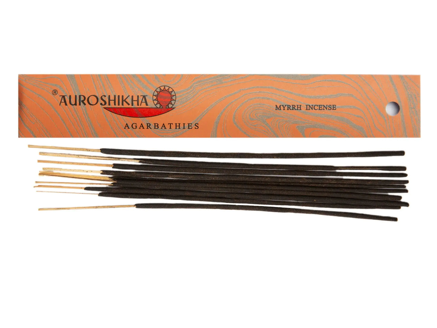 Artschatz wooden incense sticks with Auroshikha orange marbled packaging labeled Myrrh. - Myrrh