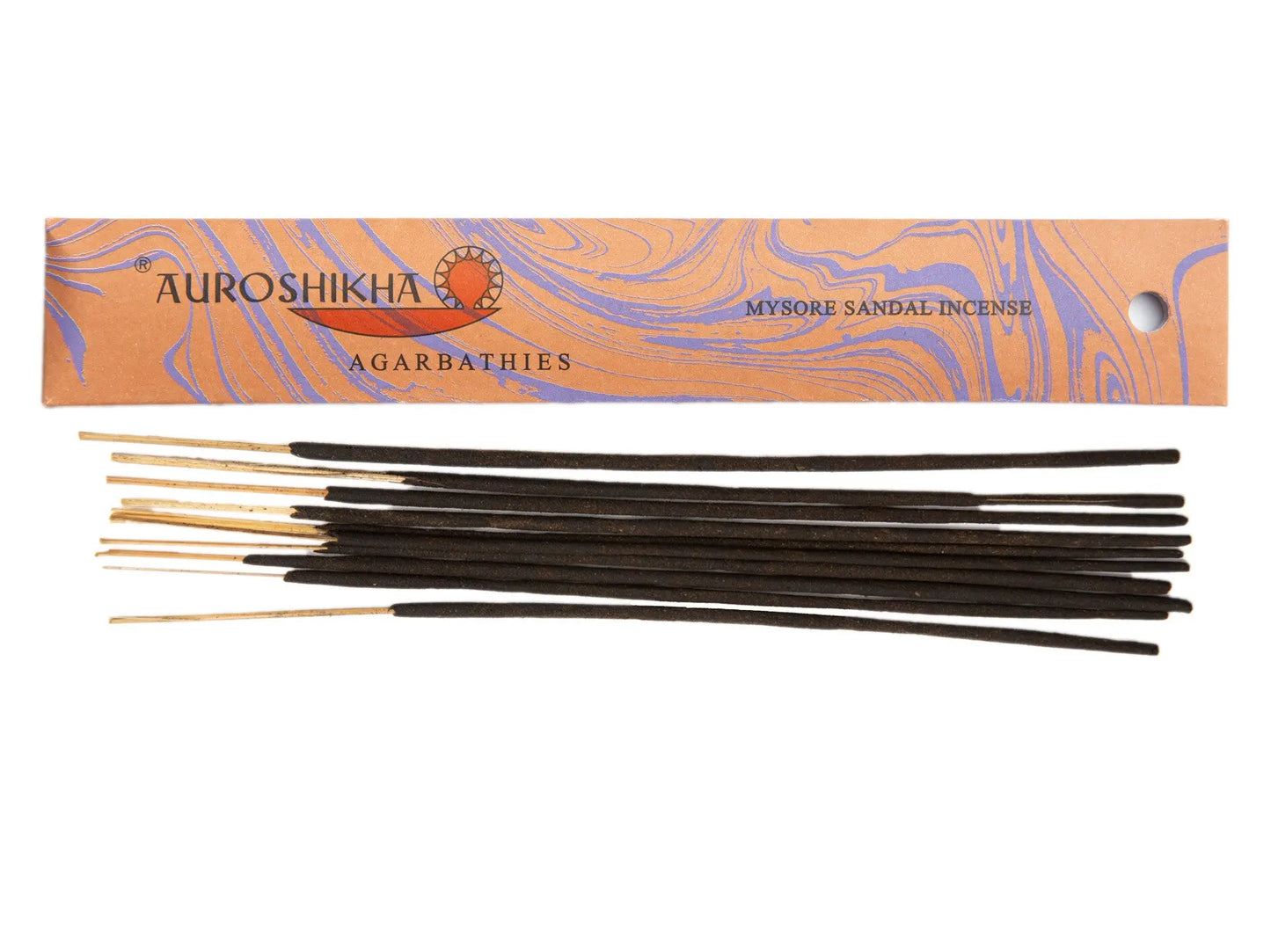Auroshikha Mysore Sandal incense sticks with orange and purple marbled Artschatz packaging. - Mysore Sandal