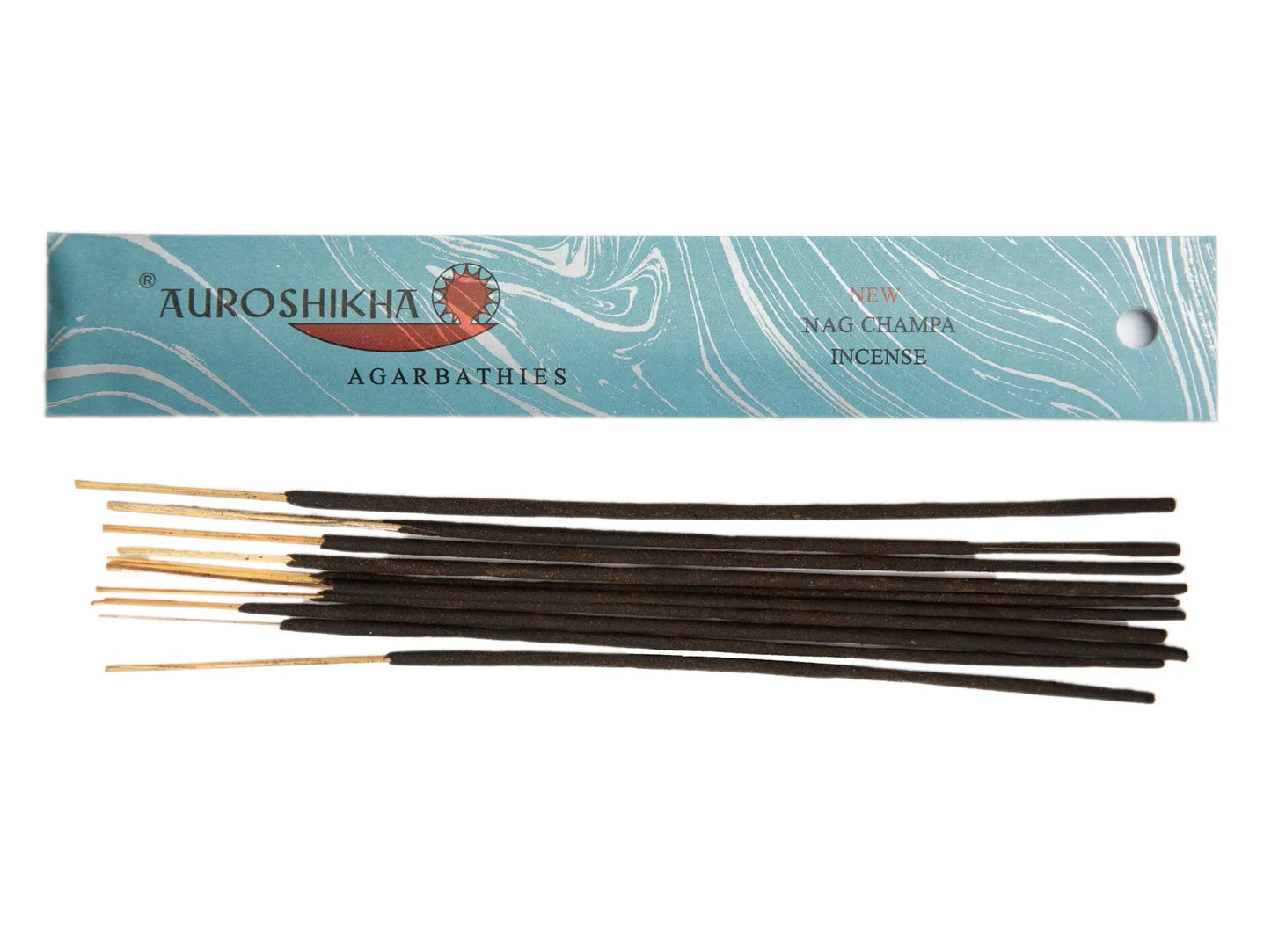 Auroshikha Nag Champa Artschatz incense sticks with marbled blue packaging and red floral design. - Nag Champa