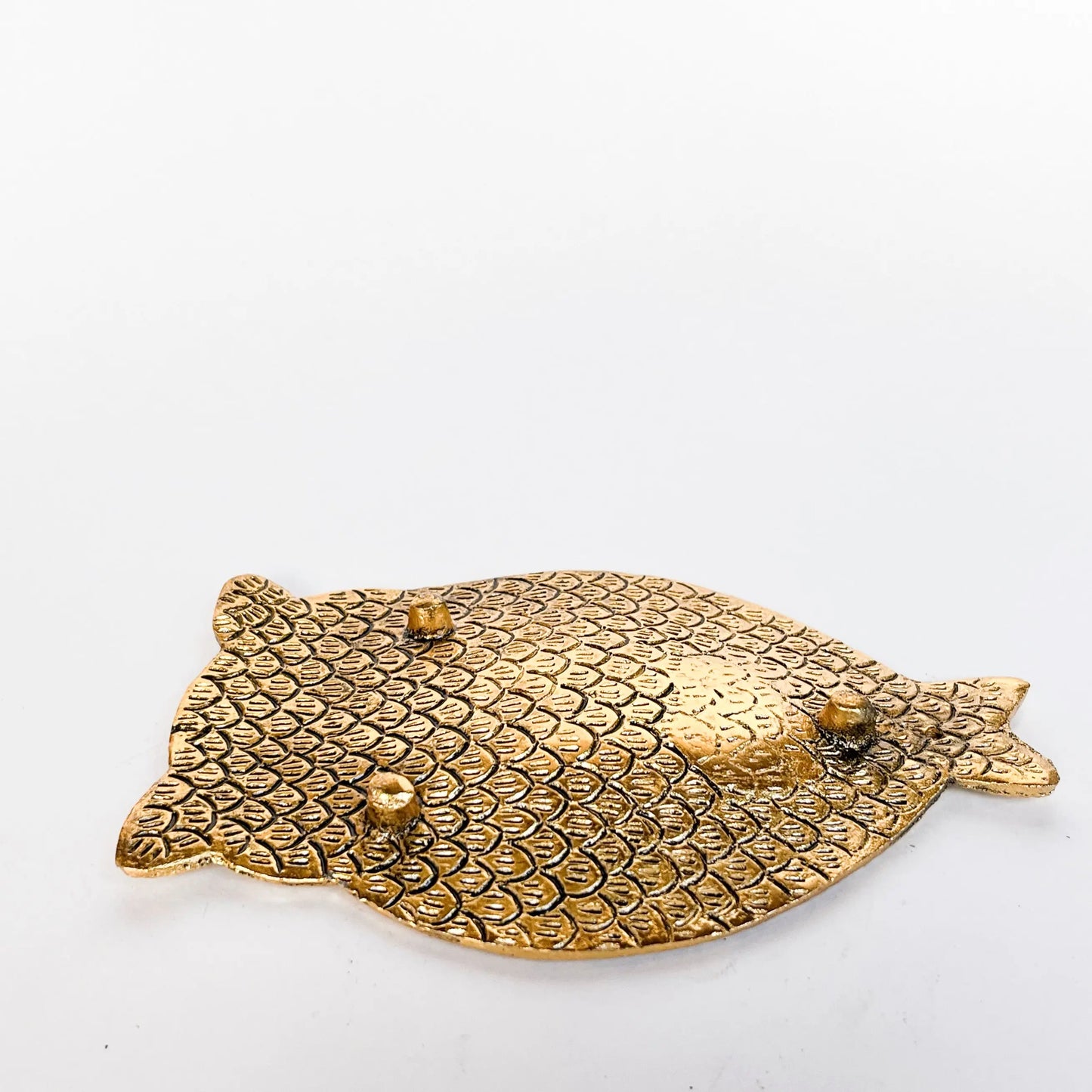 Gold owl-shaped incense holder with turquoise eyes and scale details, Artschatz design. - Owl Incense Holder - Gold with Turquoise Eyes