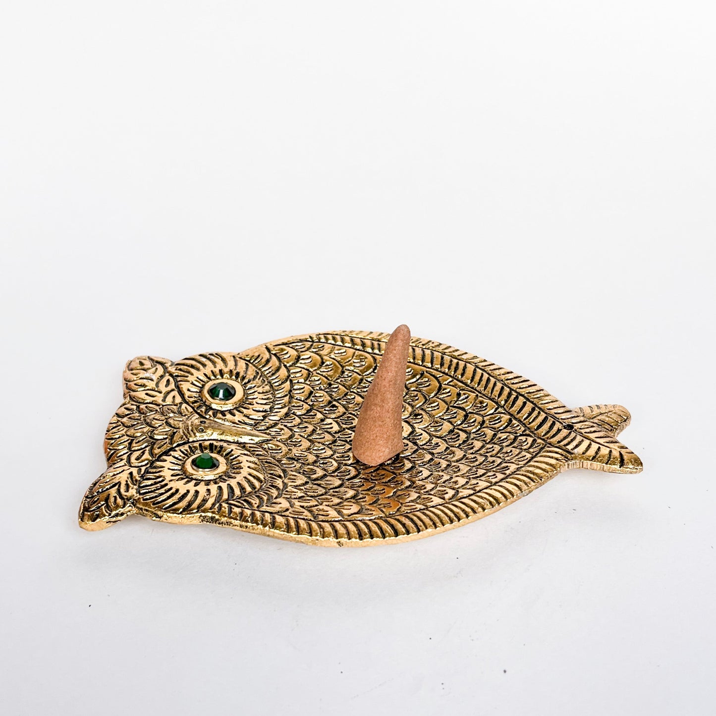 Owl Incense Holder - Gold with Turquoise Eyes