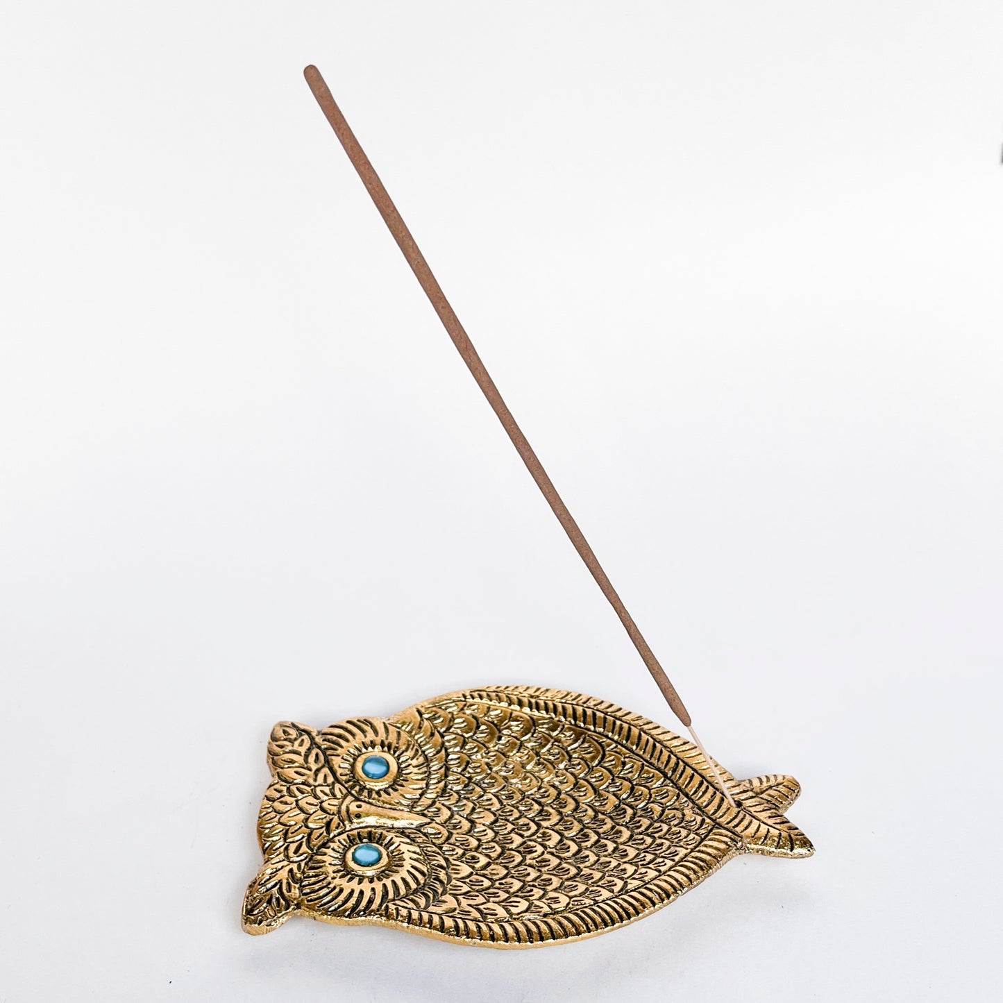 Owl Incense Holder - Gold with Turquoise Eyes