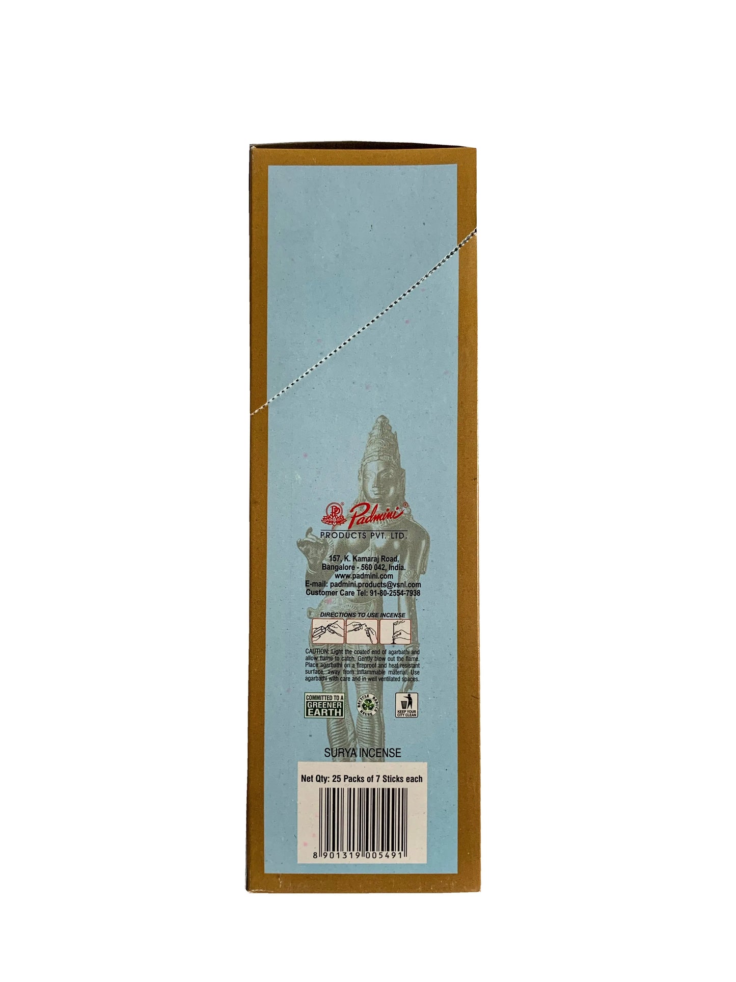 Surya Padmini incense sticks packaging with Artschatz logo and barcode on light blue and gold background. - Surya ~ Padmini Incense Sticks