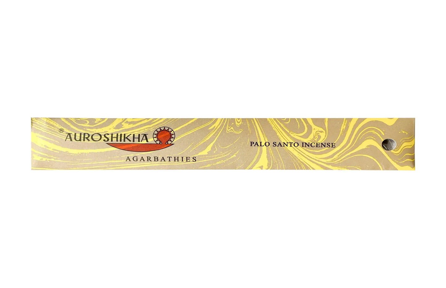 Auroshikha Artschatz Palo Santo incense box with gold marbling and black script design. - Palo Santo