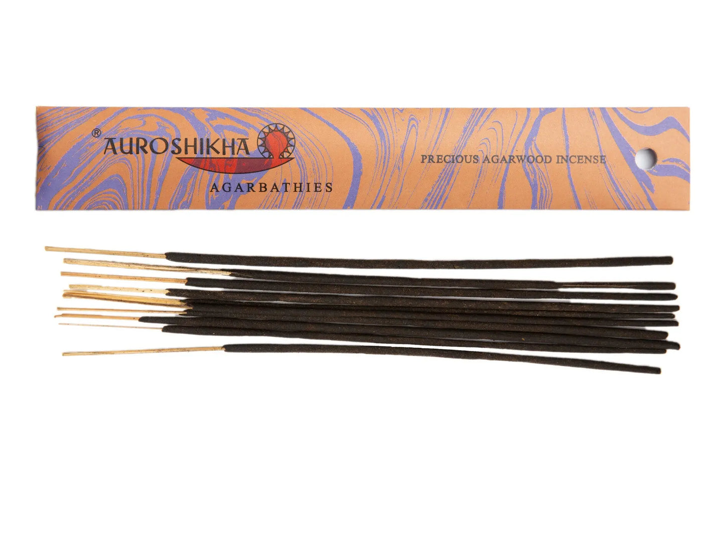 Auroshikha Artschatz Agarwood incense sticks in blue and orange marbled box with black sticks. - Agarwood