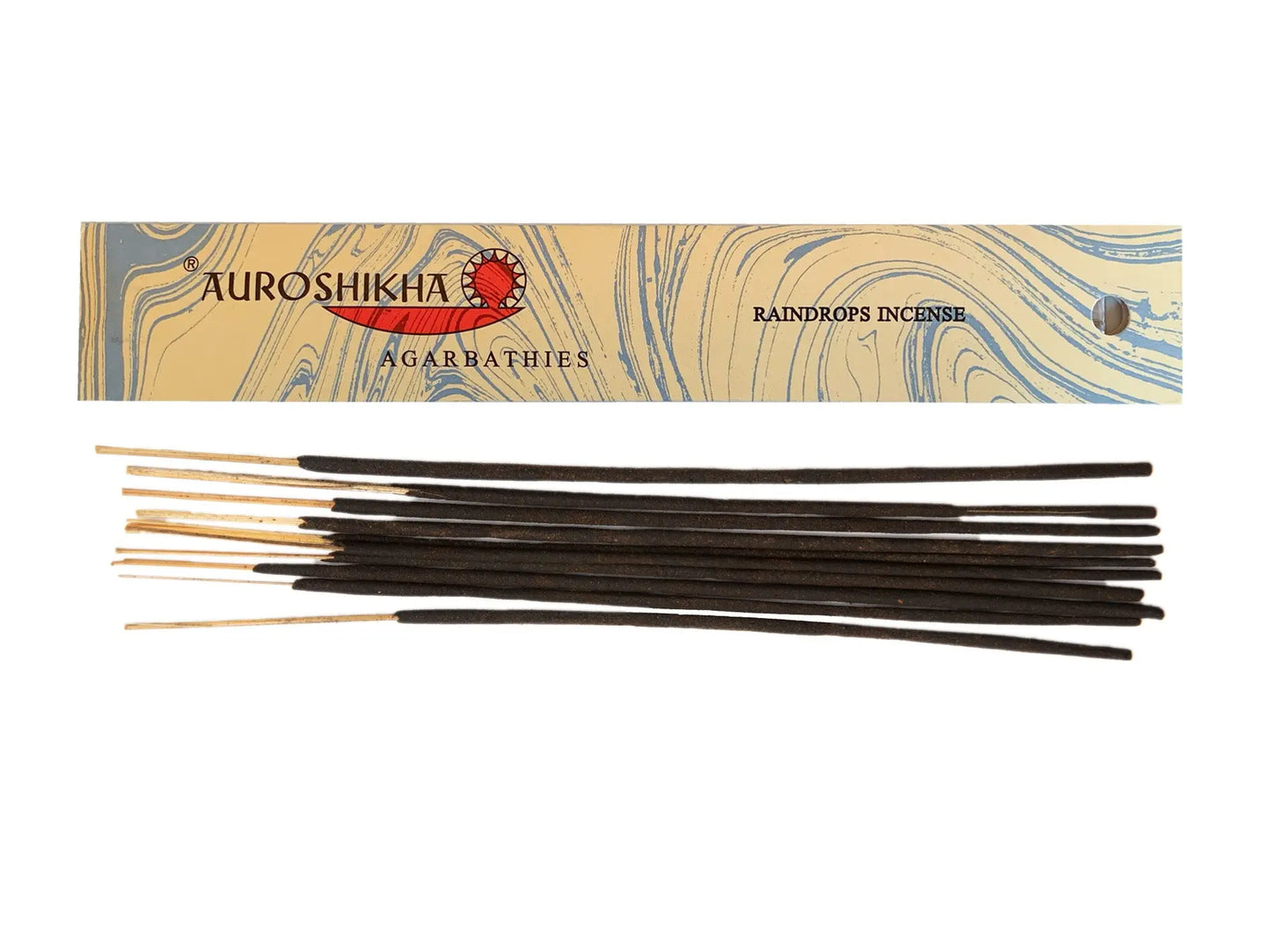 Artschatz Auroshikha Marbling incense sticks with beige and blue marbled box packaging. - Raindrops