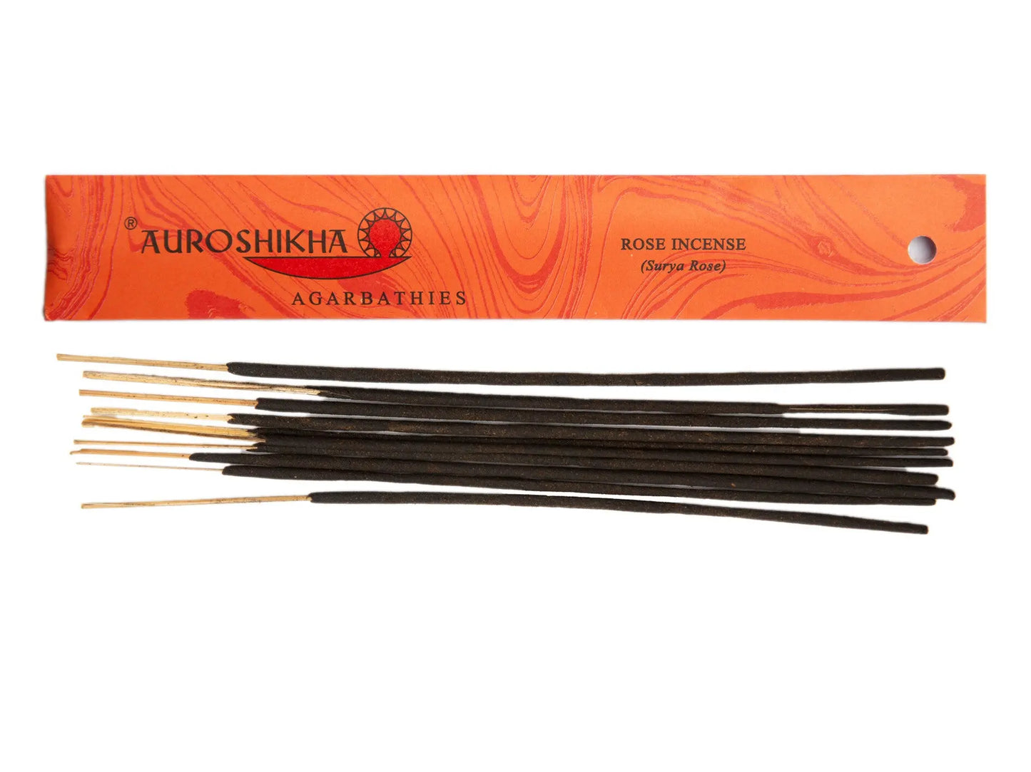 Auroshikha Rose Artschatz incense sticks with orange floral-themed packaging and black sticks. - Rose (Surya)