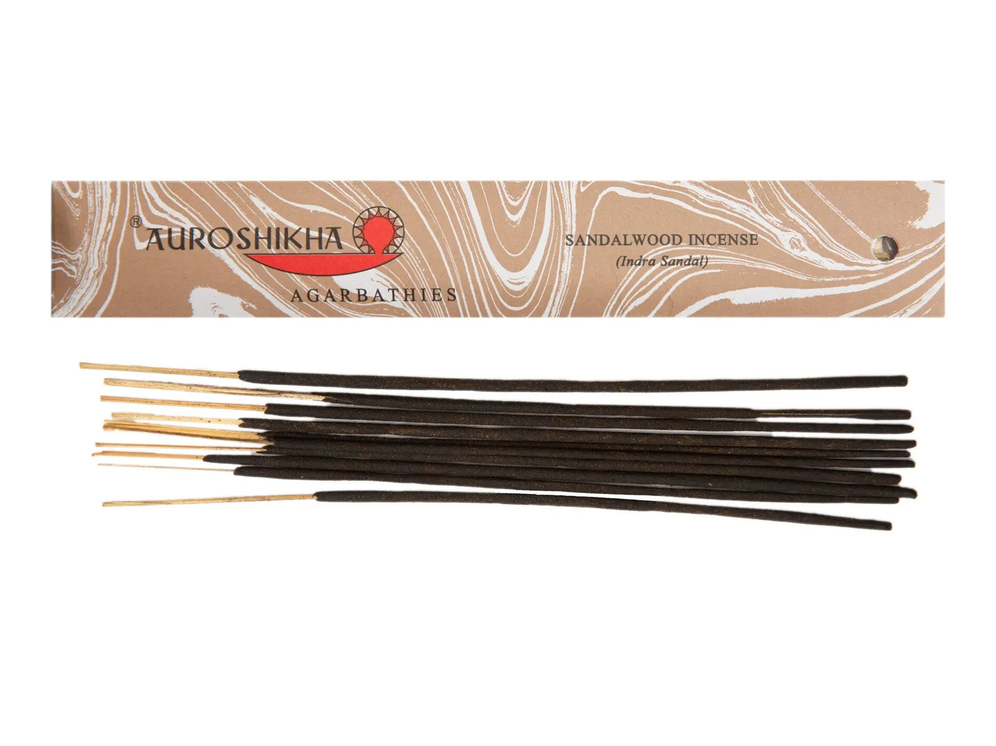 Auroshikha Sandalwood incense sticks with Artschatz marbled beige and white packaging. - Sandalwood
