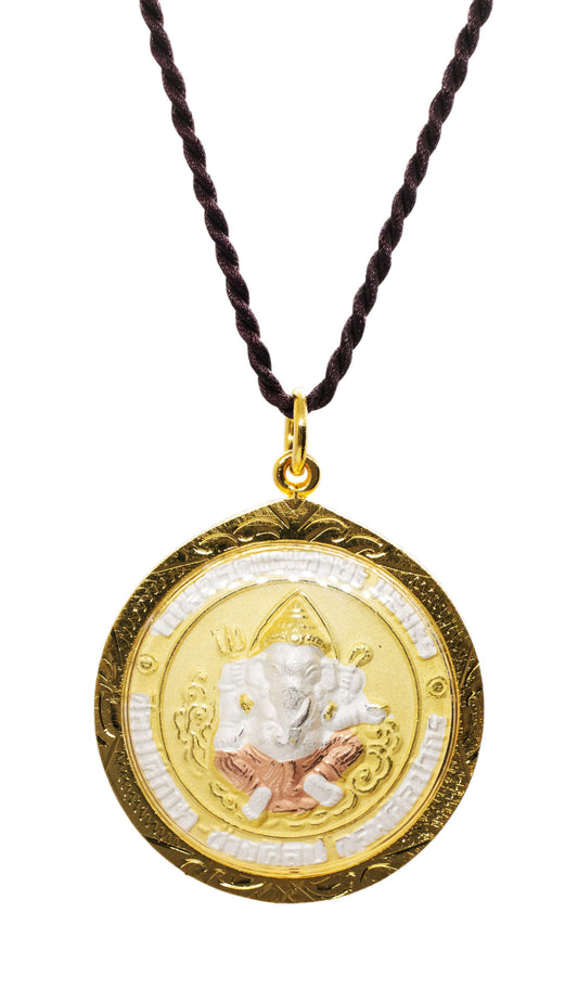 Artschatz - Ganesh holding Trishula, Rope, Mango and Tusk – Om and Chinese Zodiac – hand painted Amulet