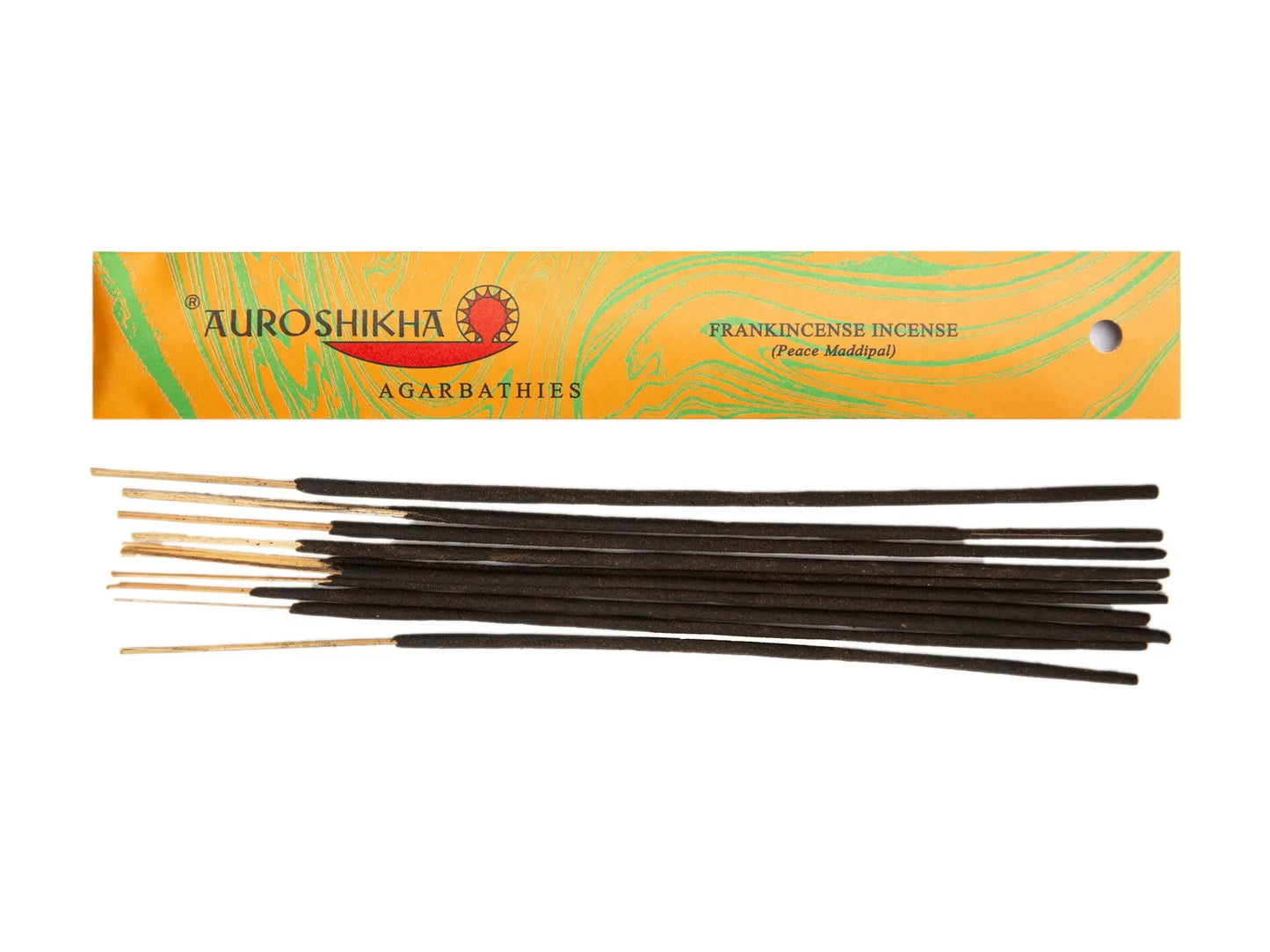 Auroshikha Artschatz frankincense incense sticks in orange and green packaging with 20 dark brown sticks. - Frankincense