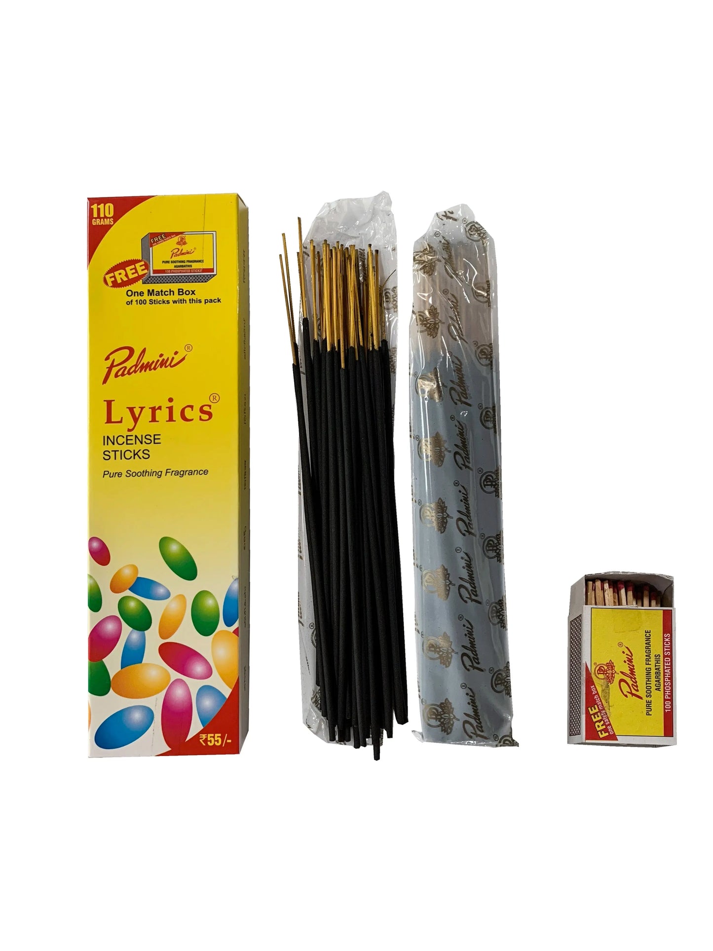 Lyrics Padmini incense sticks pack with black sticks, white protective wrapping, and matchbox featuring Artschatz branding. - Lyrics ~ Padmini Incense Sticks