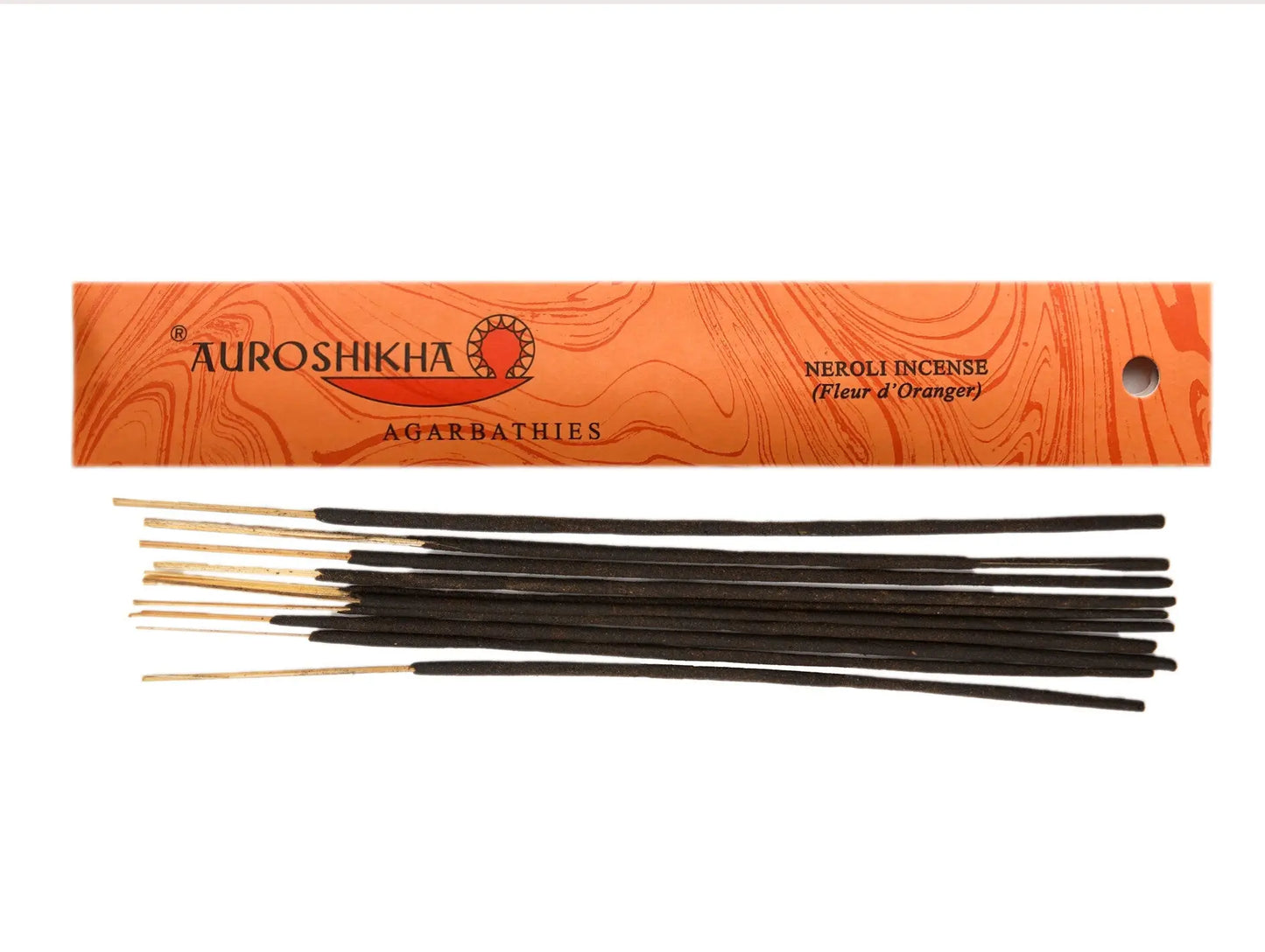 Auroshikha Neroli Artschatz black incense sticks with orange marbled box packaging. - Neroli