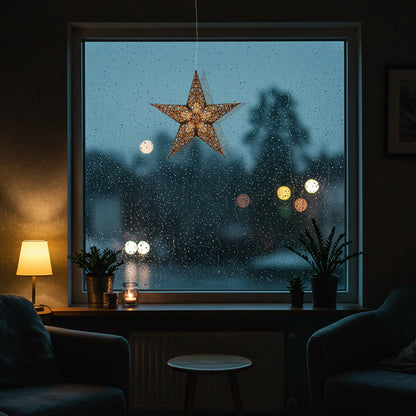 Artschatz 15" black and turquoise paper star lantern hanging lit in window at dusk. - Cathedral 5 Pointer 15" Black/Turquoise