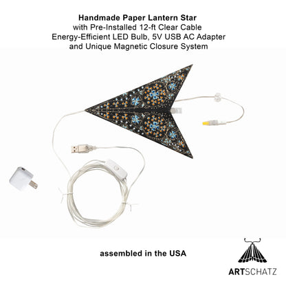 Handmade 15" black and turquoise 5-point cathedral paper star lantern with LED and USB cable by Artschatz. - Cathedral 5 Pointer 15" Black/Turquoise