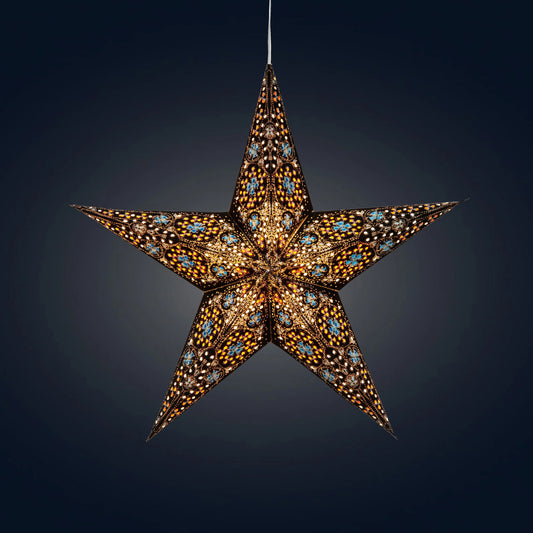 15" black and turquoise Artschatz 5-point paper star lantern with intricate cutouts emitting warm light. - Cathedral 5 Pointer 15" Black/Turquoise