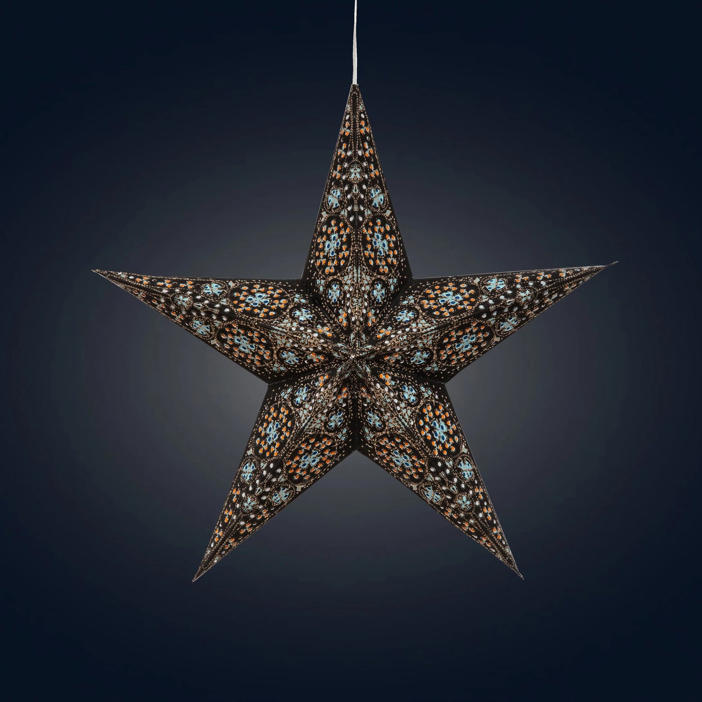 Artschatz 15" black and turquoise cathedral 5-point paper star lantern with intricate cutouts. - Cathedral 5 Pointer 15" Black/Turquoise