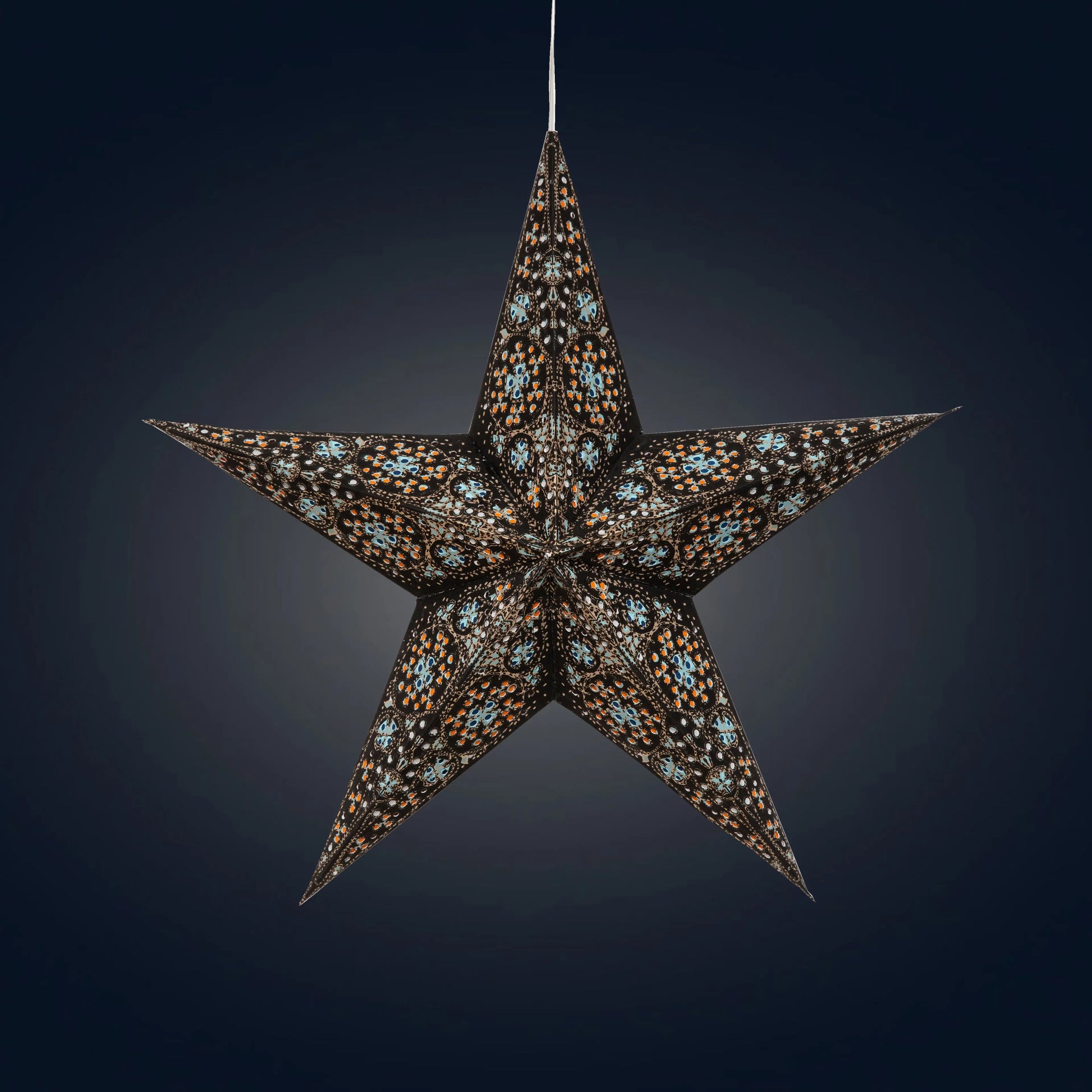 Artschatz 15" black and turquoise cathedral 5-point paper star lantern with intricate cutouts. - Cathedral 5 Pointer 15" Black/Turquoise