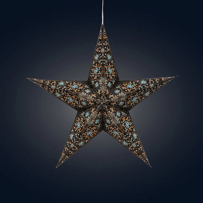 Artschatz 15" black and turquoise cathedral 5-point paper star lantern with intricate cutouts. - Cathedral 5 Pointer 15" Black/Turquoise