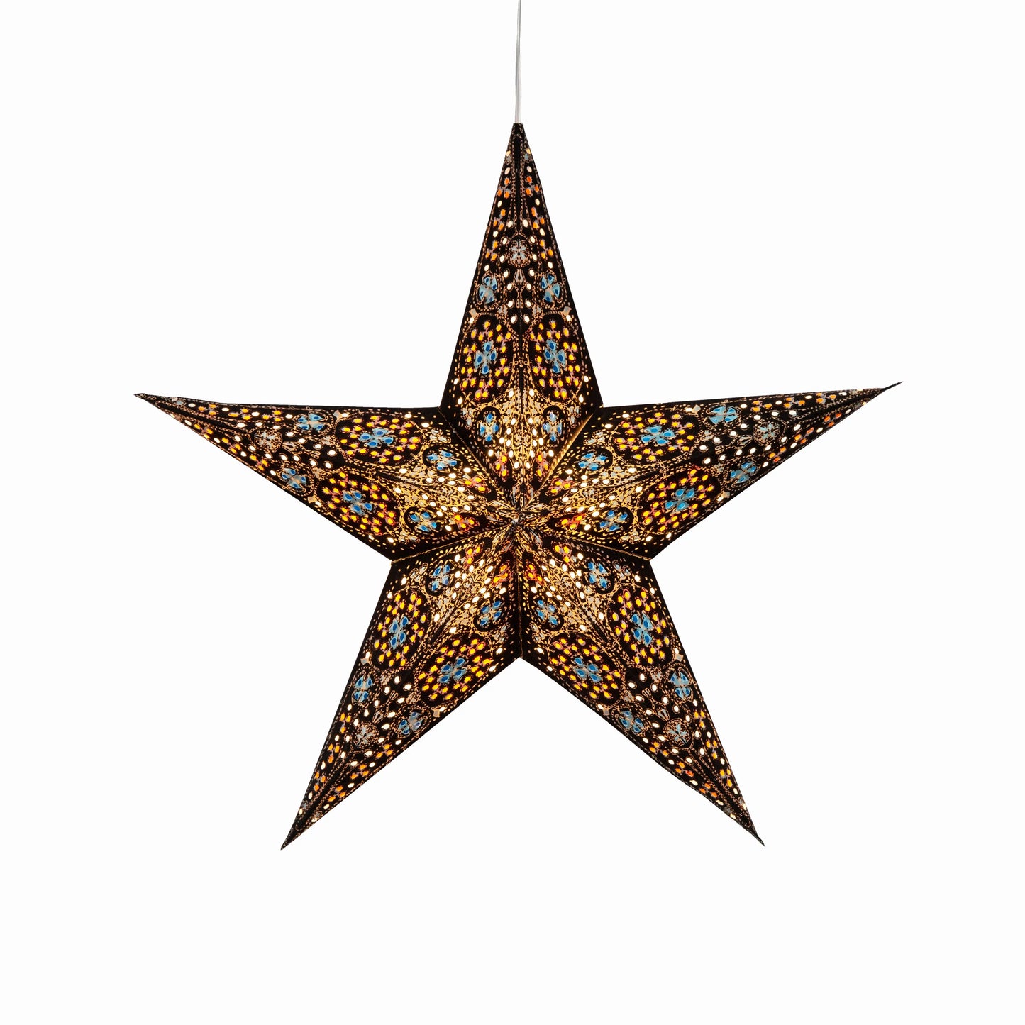15" Artschatz Cathedral 5 Pointer paper star in black with turquoise accents hanging light. - Cathedral 5 Pointer 15" Black/Turquoise