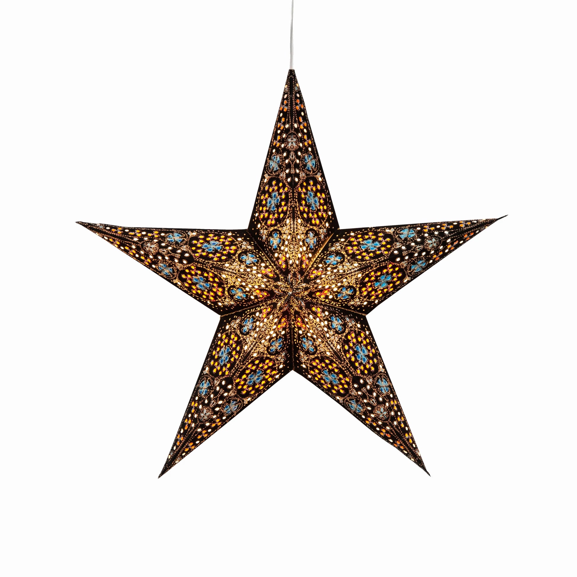 15" Artschatz Cathedral 5 Pointer paper star in black with turquoise accents hanging light. - Cathedral 5 Pointer 15" Black/Turquoise