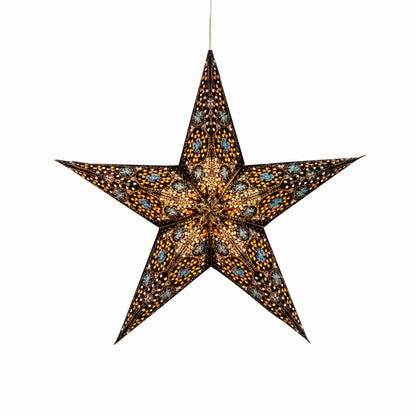 15" Artschatz Cathedral 5 Pointer paper star in black with turquoise accents hanging light. - Cathedral 5 Pointer 15" Black/Turquoise