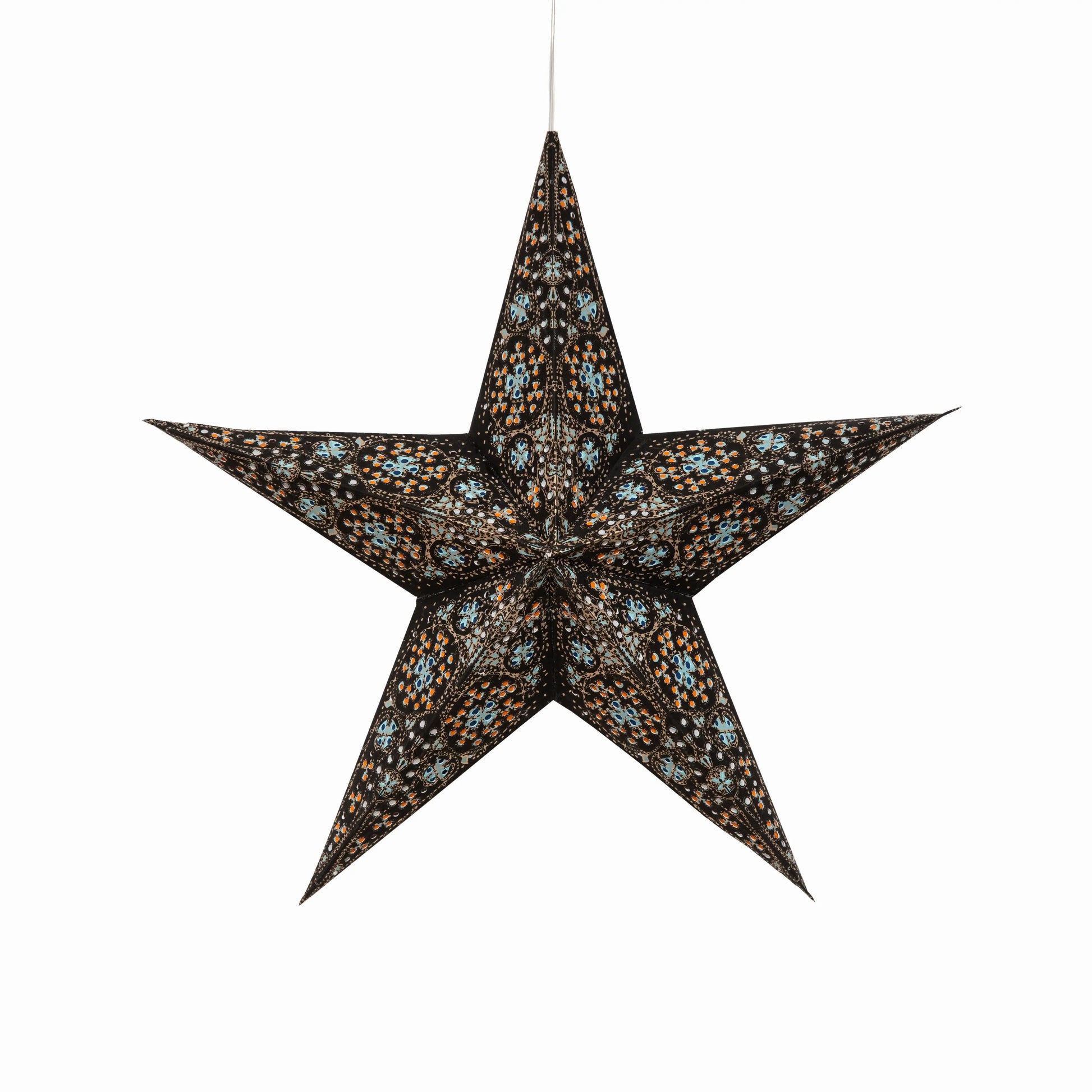 Artschatz 15" black and turquoise cathedral paper star with five pointed design. - Cathedral 5 Pointer 15" Black/Turquoise