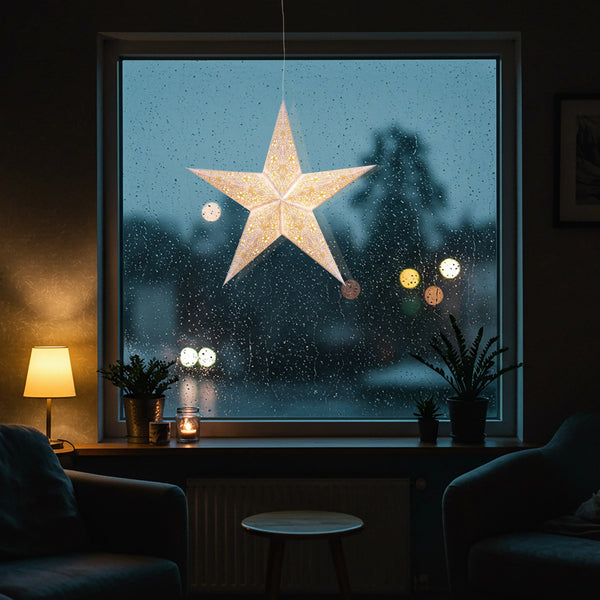 Cathedral white yellow 5-point paper star light in window