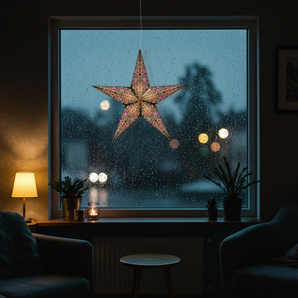 Cathedral turquoise violet paper lantern star in window