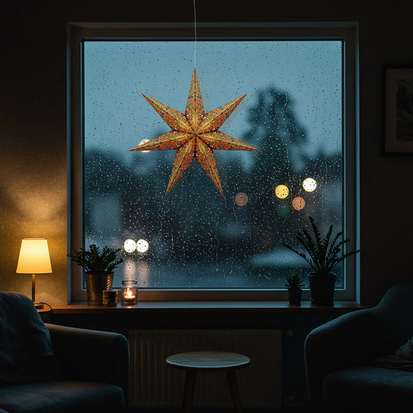 Cathedral brown green 7-point paper star lantern in window