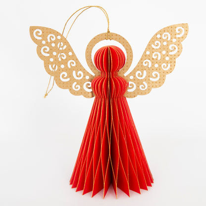 Engill - Red - Honeycomb Paper Angel Christmas Ornament with Gold Glitter Wings, 5"