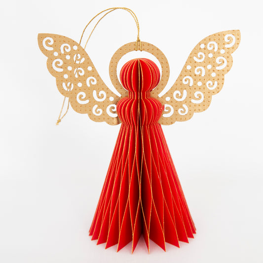 Engill - Red - Honeycomb Paper Angel Christmas Ornament with Gold Glitter Wings, 6"