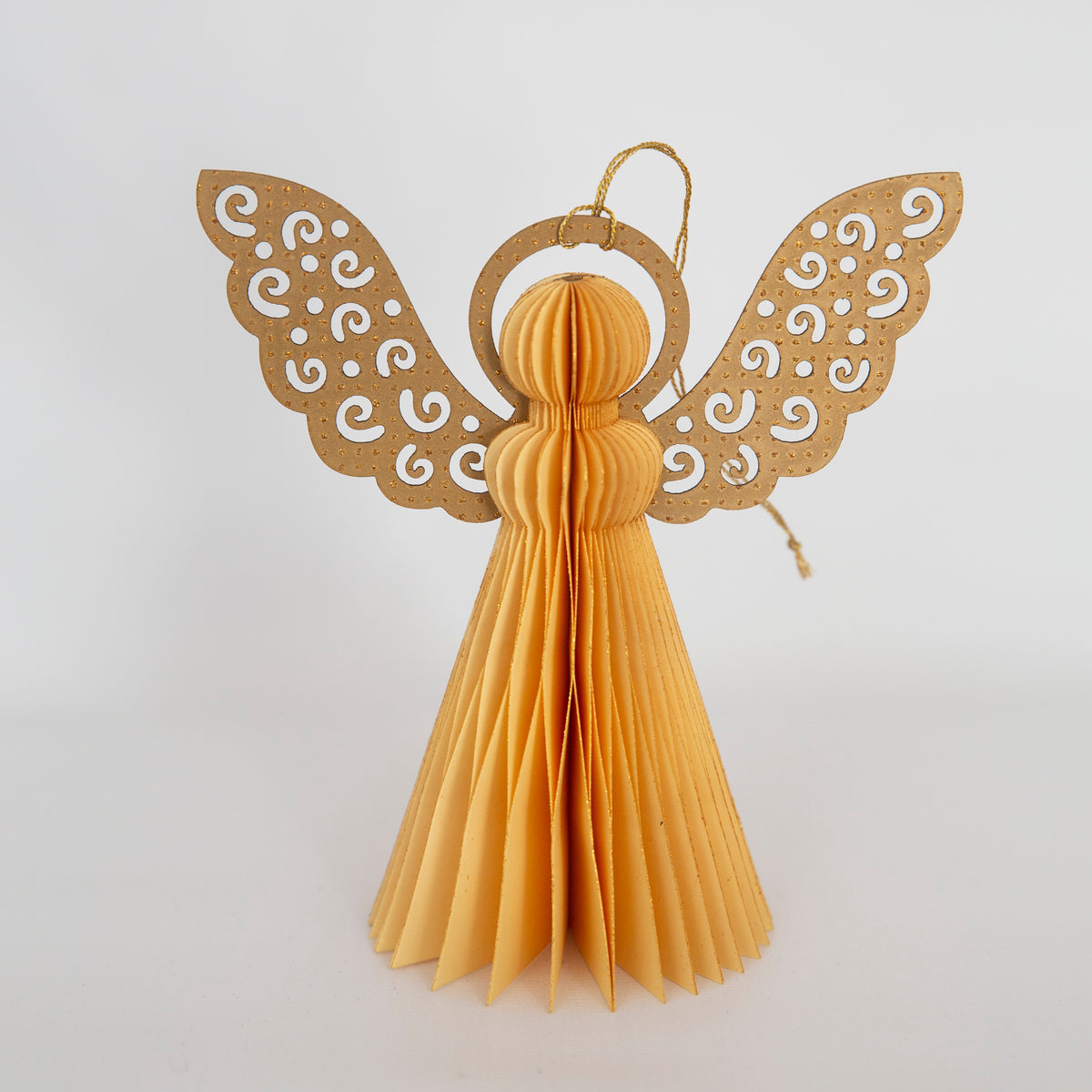 Engill - Cream - Honeycomb Paper Angel Christmas Ornament with Gold Glitter Wings, 5"