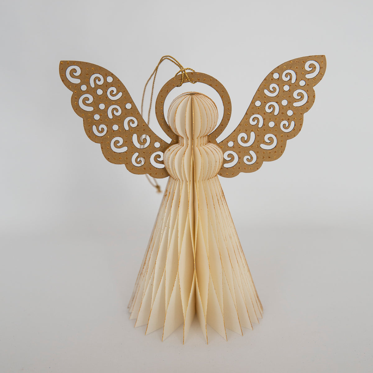 Engill - White - Honeycomb Paper Angel Christmas Ornament with Gold Glitter Wings, 5"