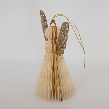 Engill - White - Honeycomb Paper Angel Christmas Ornament with Gold Glitter Wings, 5"