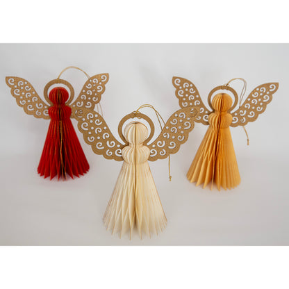 Engill - White - Honeycomb Paper Angel Christmas Ornament with Gold Glitter Wings, 5"