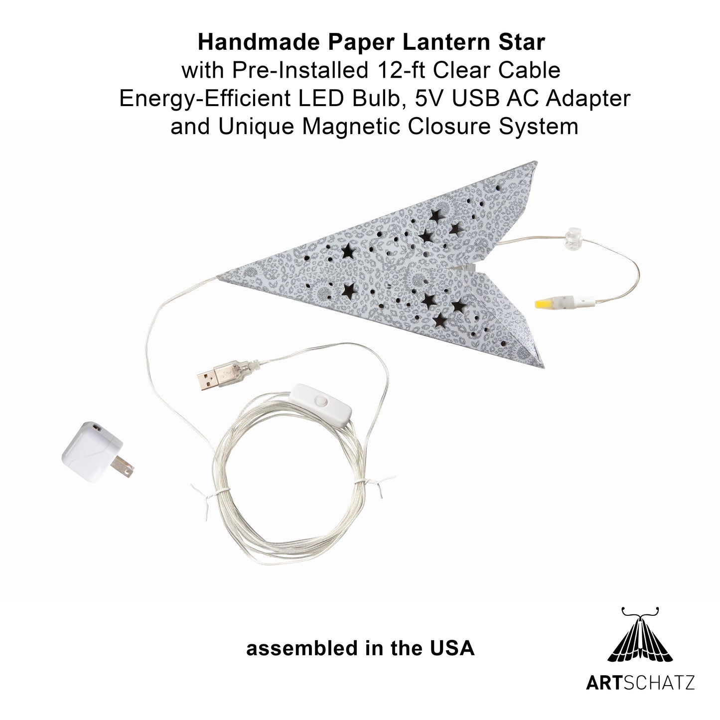 Hrím Star 9 Point 16" Cool White w/ Silver Glitter