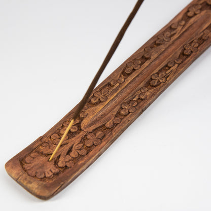 Carved Brown Wooden Flower Design Incense Holder