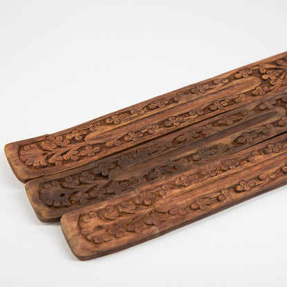 Carved Brown Wooden Flower Design Incense Holder