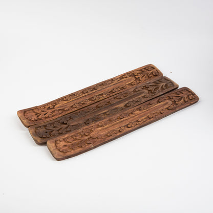 Carved Brown Wooden Flower Design Incense Holder