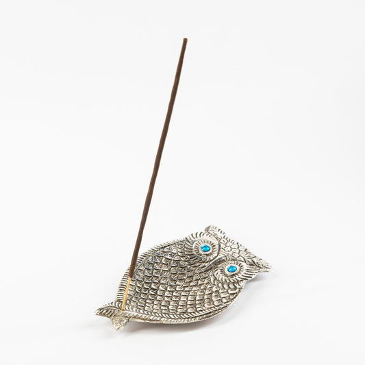 Owl Incense Holder - Silver with Turquoise Eyes